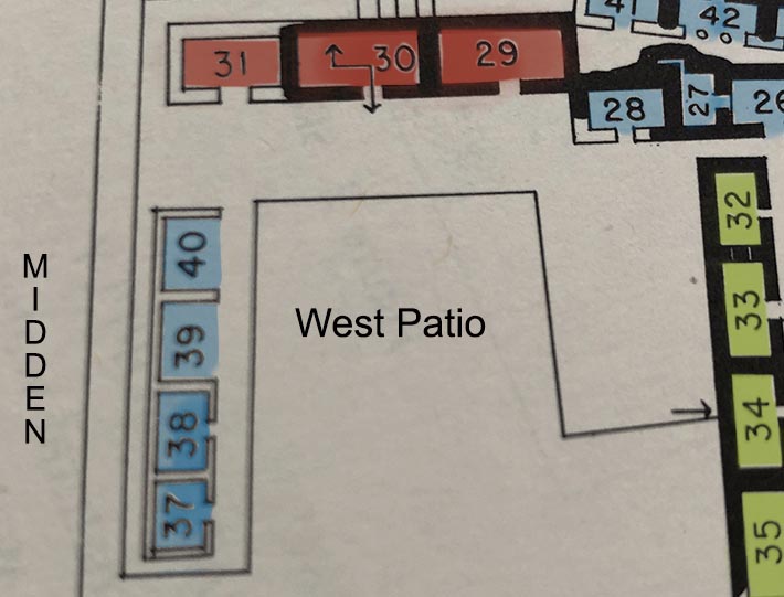 Detailed archaeological map of the Labna West Patio, color-coded by construction phase