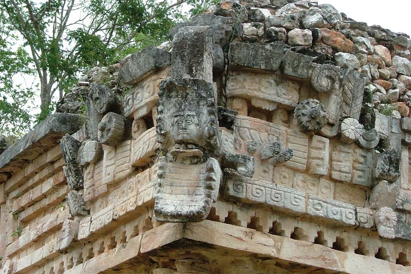 Elaborated mosaic mask at Labna showing a combination of crocodilian and celestial symbols