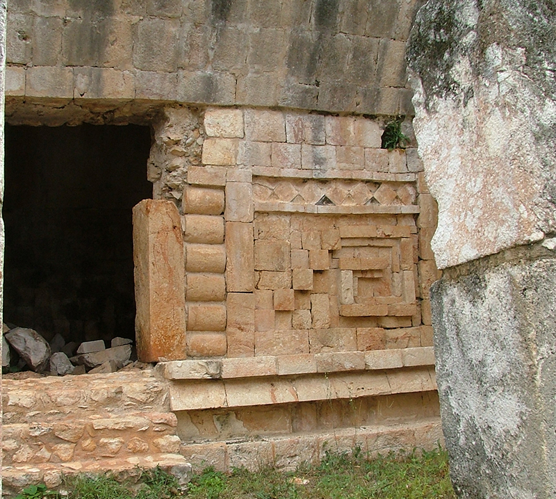 Details of the inner doorway to the Old Throne Room at Labna representing the creation mountain cleft