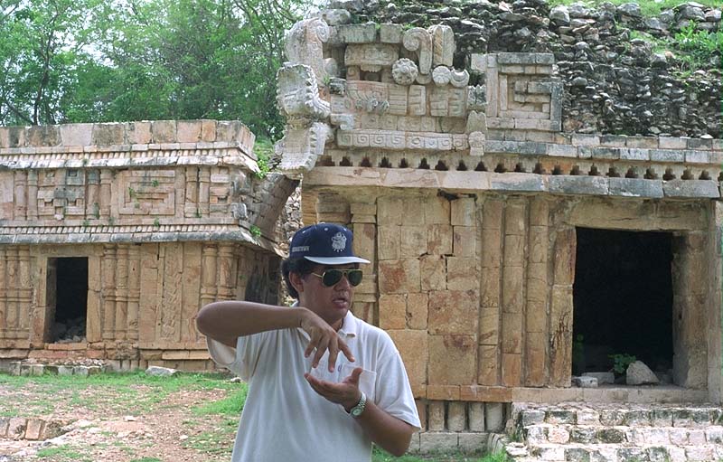 Corner frieze of the Palace at Labna showing the Vision Serpent with a human head in its jaws