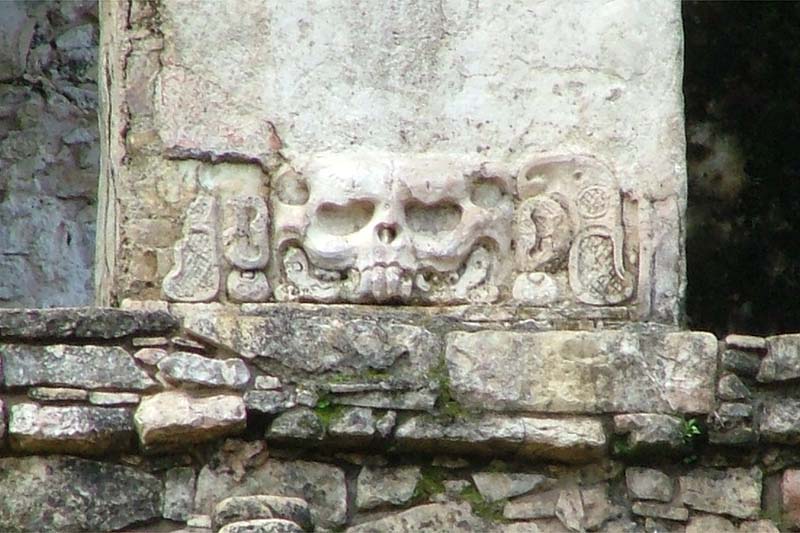Close up of the stucco skull relief