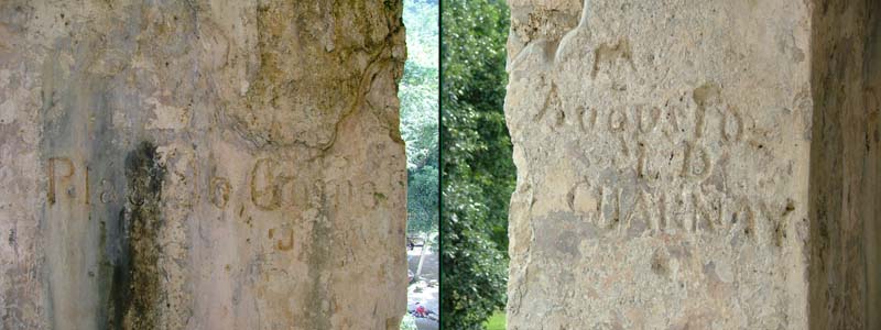 Historical graffiti by Spanish explorers and Desire Charnay on palace piers
