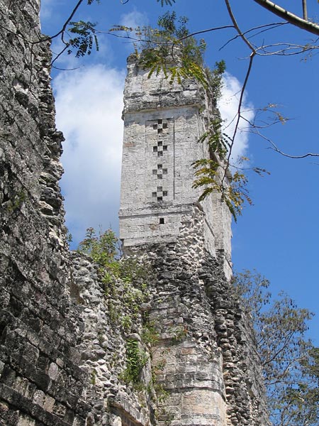 Rear view of Rio Bec B tower showing cruciform square patterns