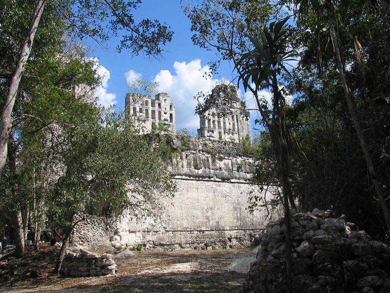 Rear view of Rio Bec B obscured by jungle vegetation