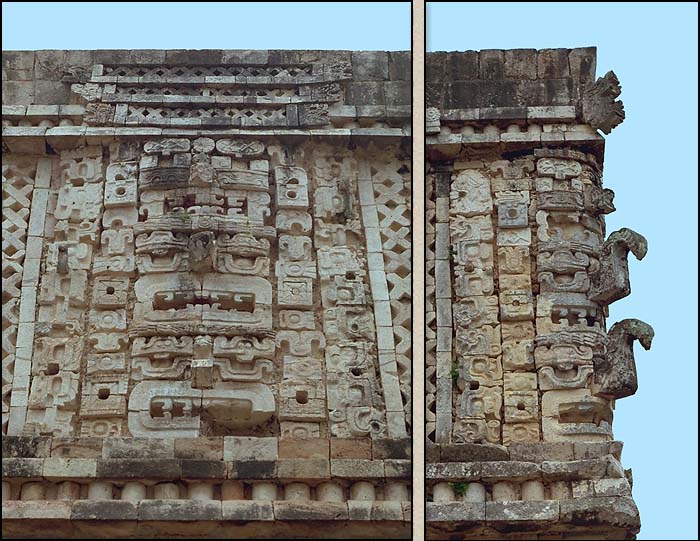 Uxmal, Nunnery Quadrangle East Building, stacked rain-god masks in center and SW corner of frieze