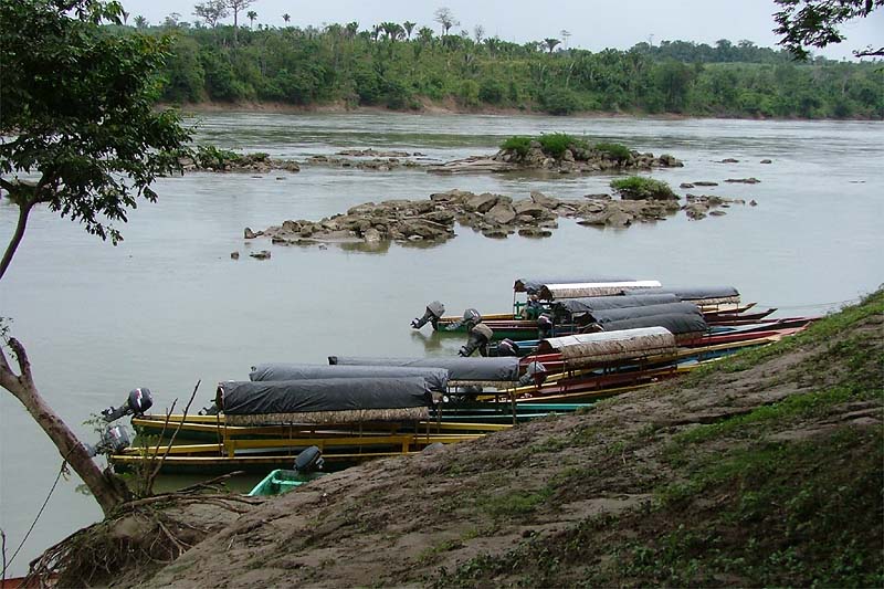 Wooden lanchas docked along the riverbank near Escudo Jaguar