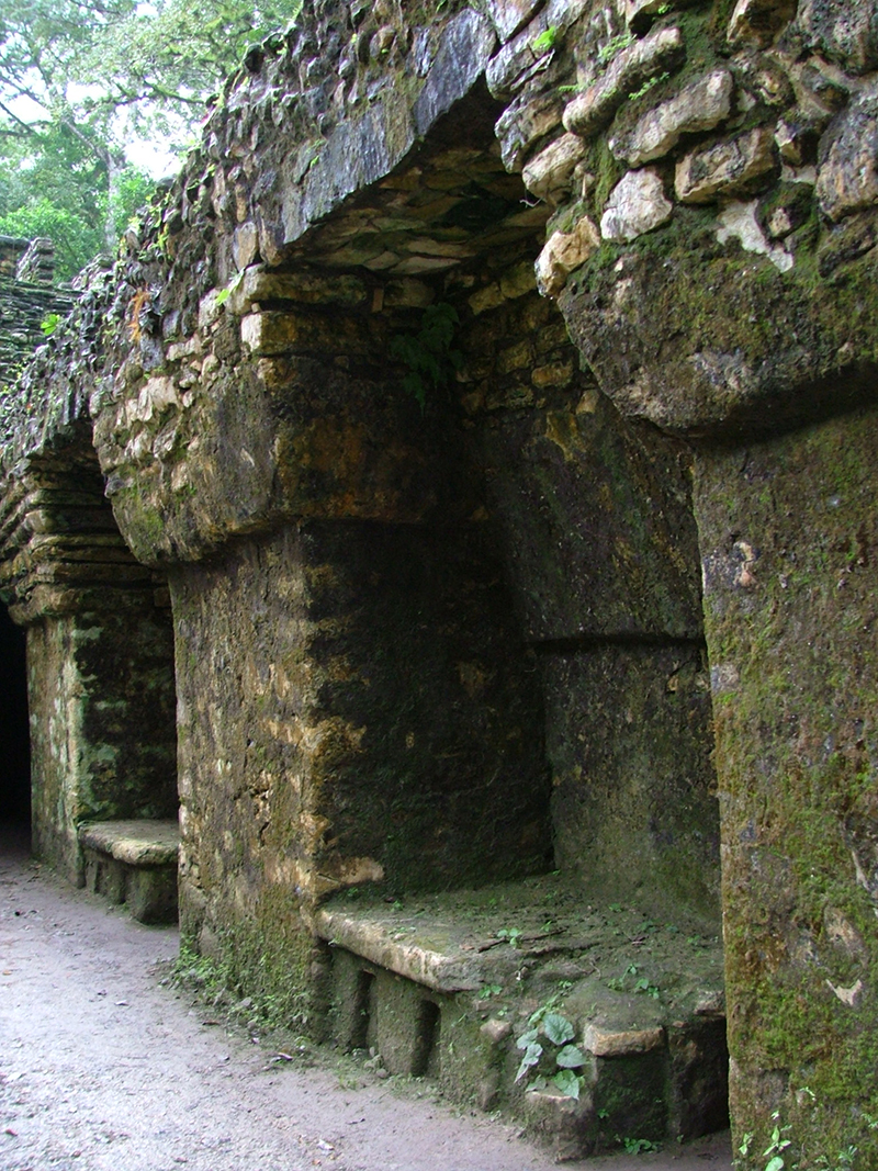 Platformed niches lining the path to the Labyrinth at Yaxchilan