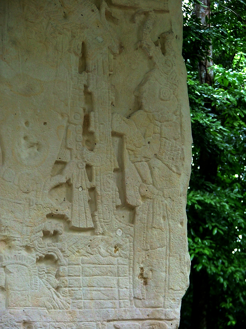 Central register of Stela 1 showing a ruler performing blood sacrifice