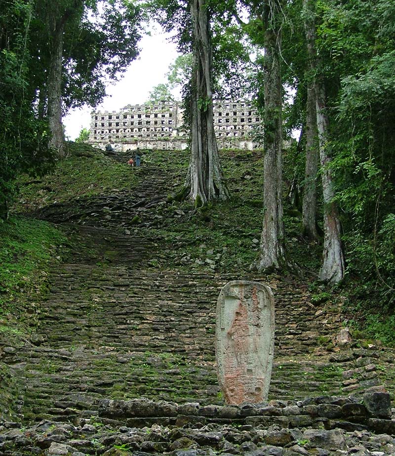 Looking up the wide, steep stairway to Structure 33