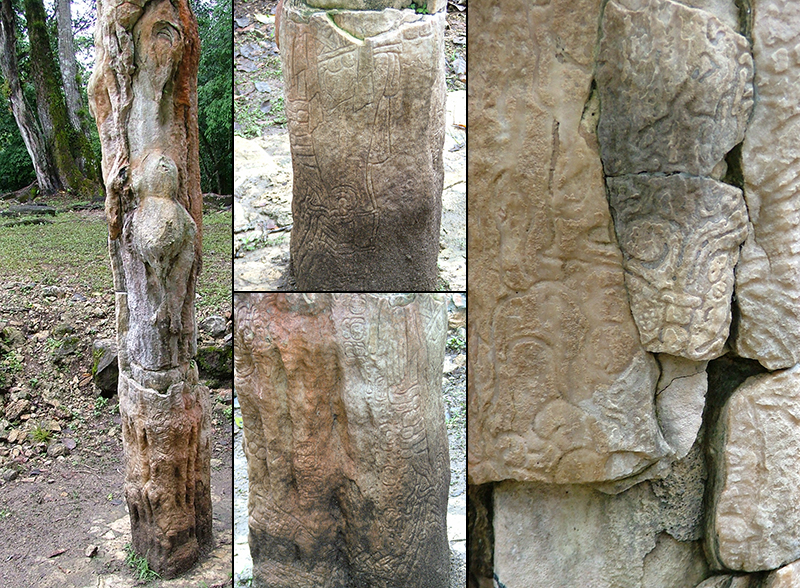 Stela 31, a carved stalactite, in front of Structure 33
