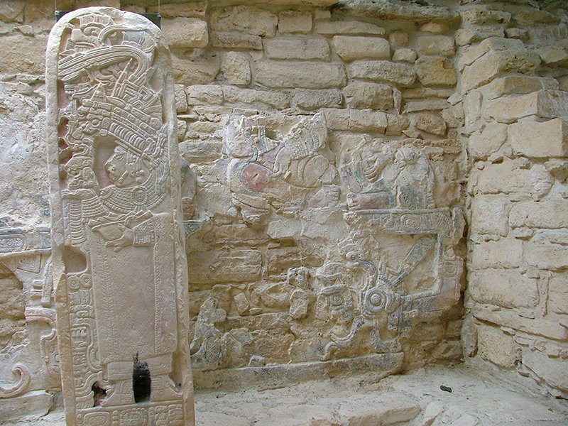 Detail of the brocaded textiles on Stela 35