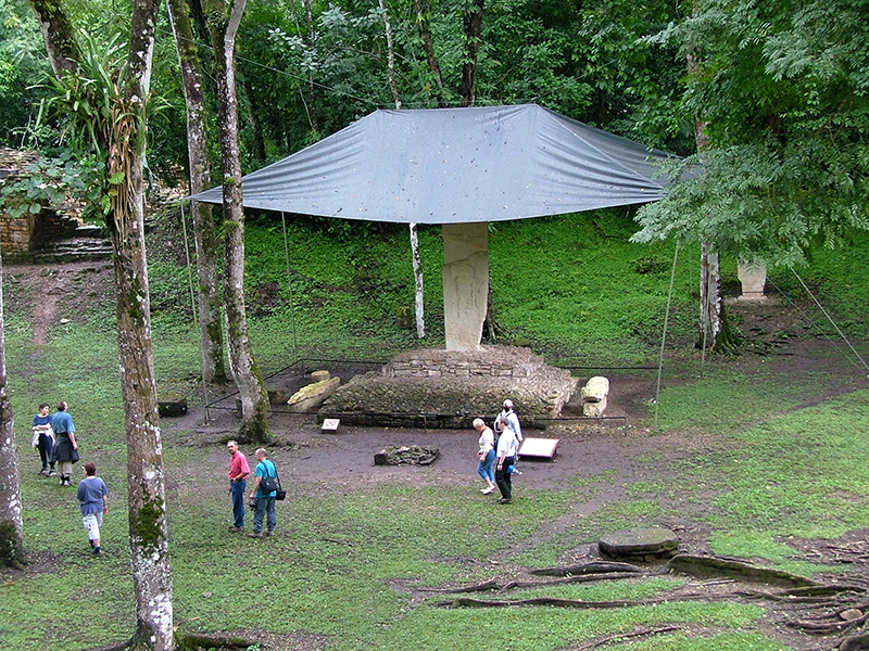 Stone crocodile sculpture near Stela 1 at Yaxchilan